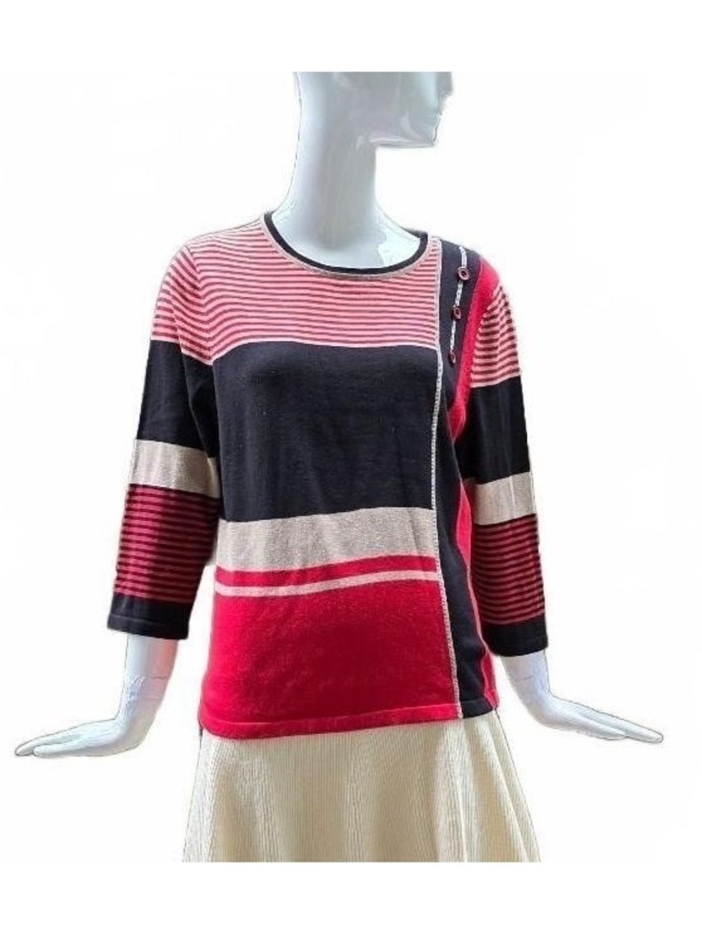 Alia Preppy Red, Black And Cream Striped Sweater,women's LG P, Cotton Blend.